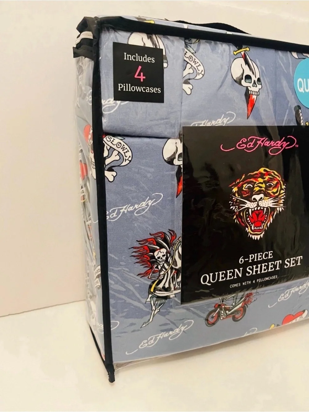 Ed Hardy Blue 6 Piece Queen Size Sheet Set Motorcycles Skulls Love Kills Slowly